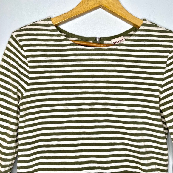 Merona Olive Striped Knit 3/4 Sleeve Top Women’s XS Exposed Zipper - Picture 3 of 12